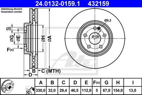 Диск тормозной передн chrysler crossfire srt-6 03-07 crossfire roadster srt-6 04-07 mercedes-benz clk 430 97-02 clk кабрио ATE 24.0132-0159.1