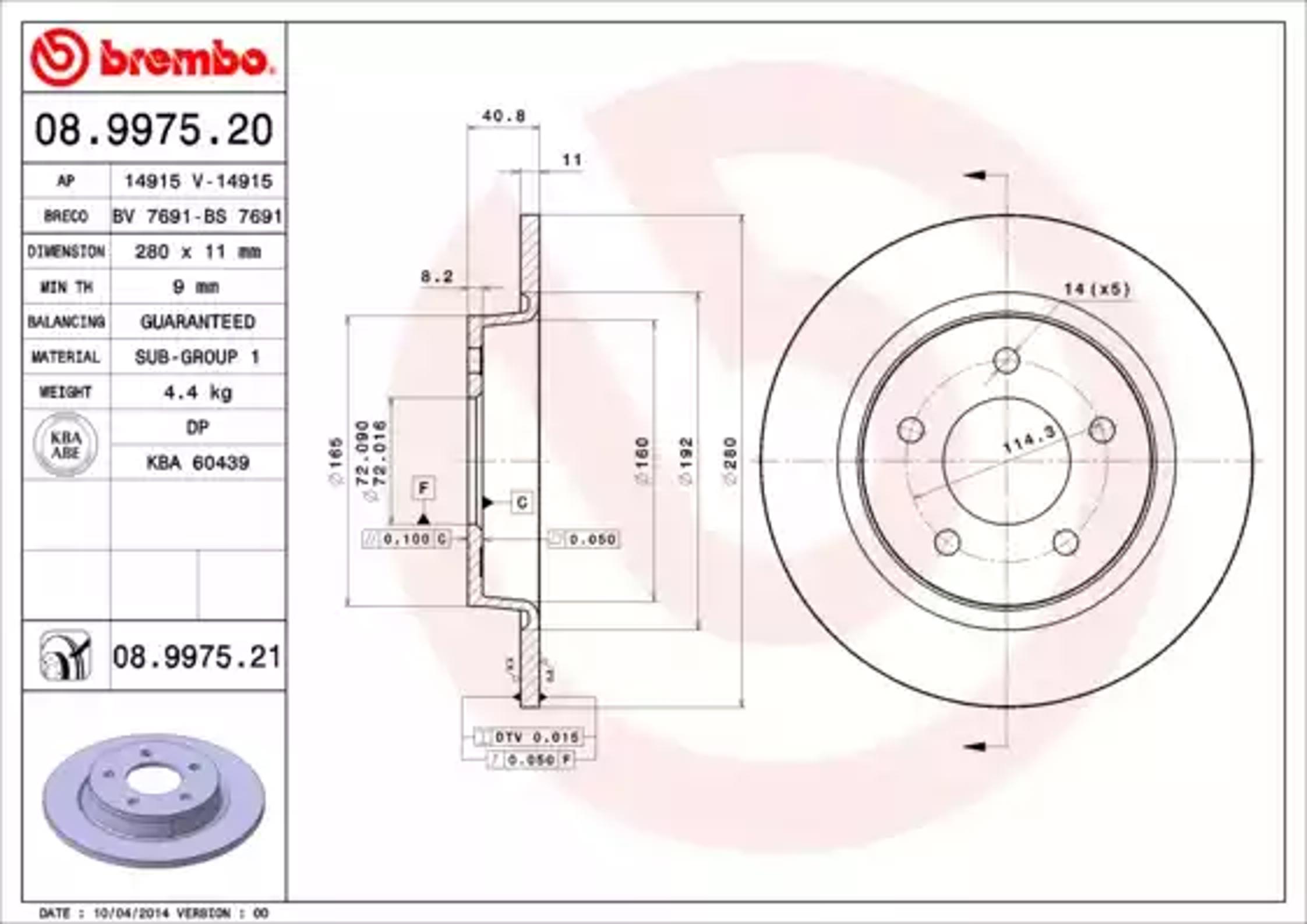Диск тормозной BREMBO 08.9975.20