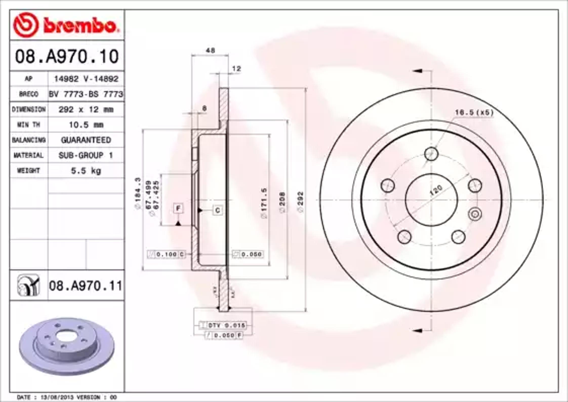 Диск тормозной opel insignia a (g09) 1.6 cdti (68) 2015-2017 BREMBO 08.A970.10