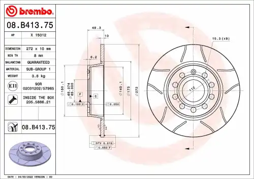Диск тормозной vw taos (cl1 cp1 cq1) 1.6 mpi 2021- BREMBO 08.B413.75