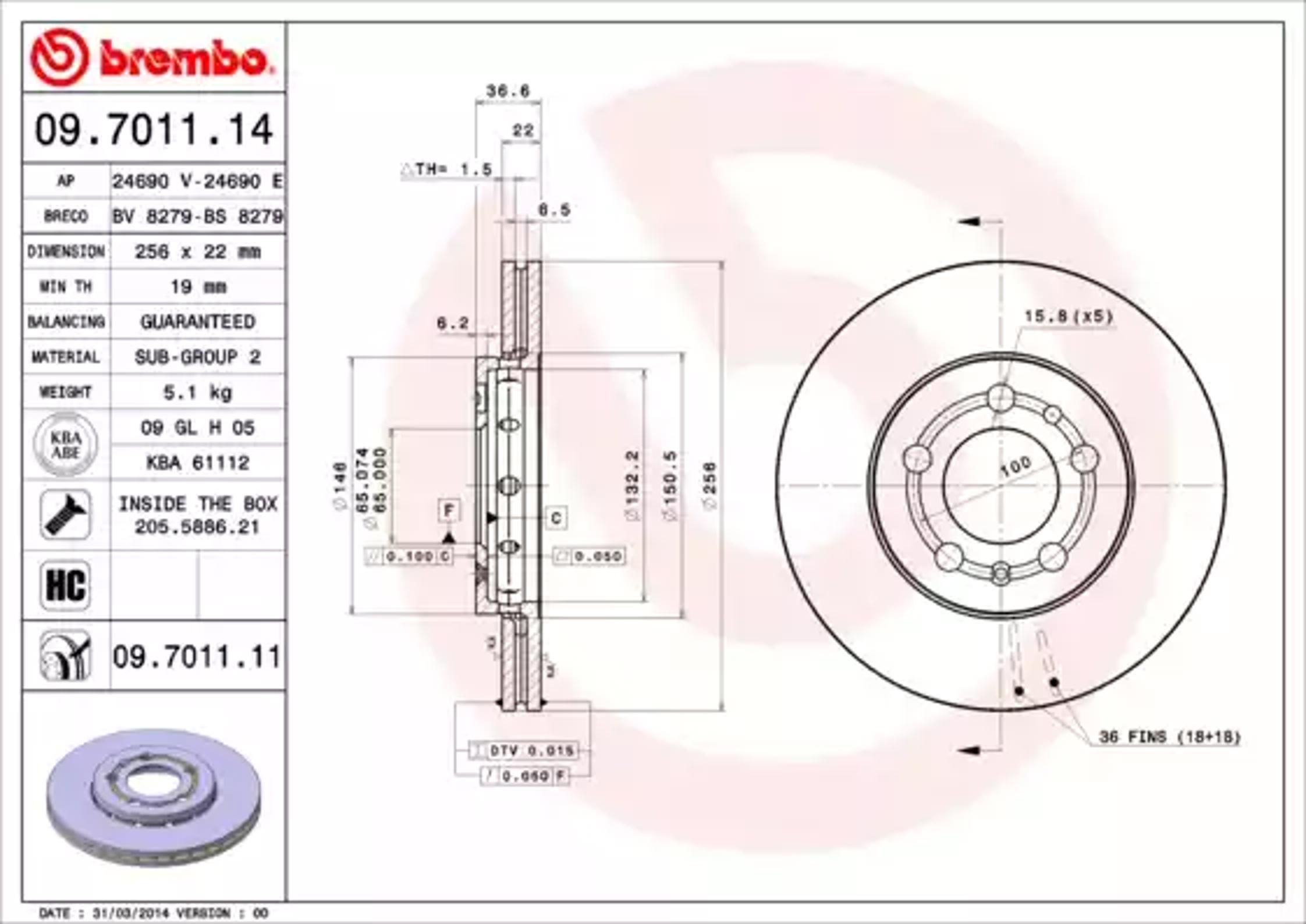 Диск тормозной BREMBO 09.7011.14