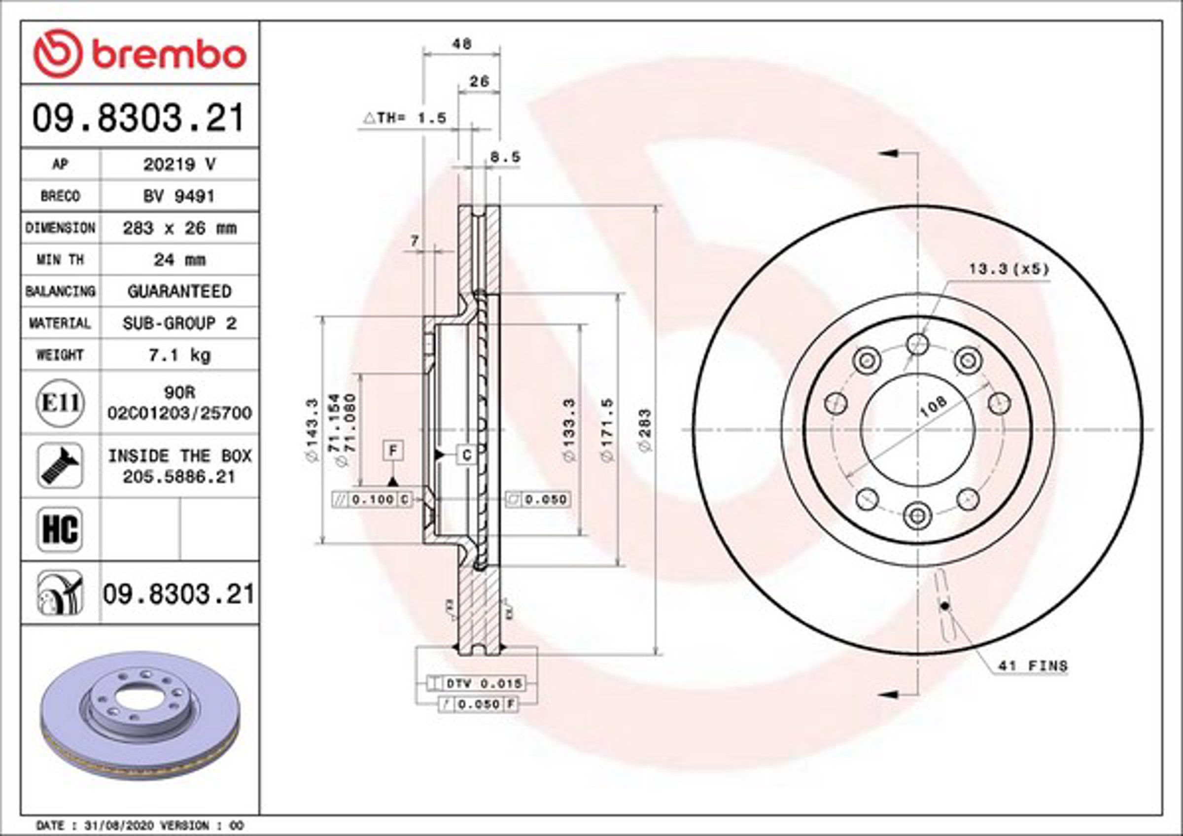 Диск тормозной BREMBO 09.8303.21