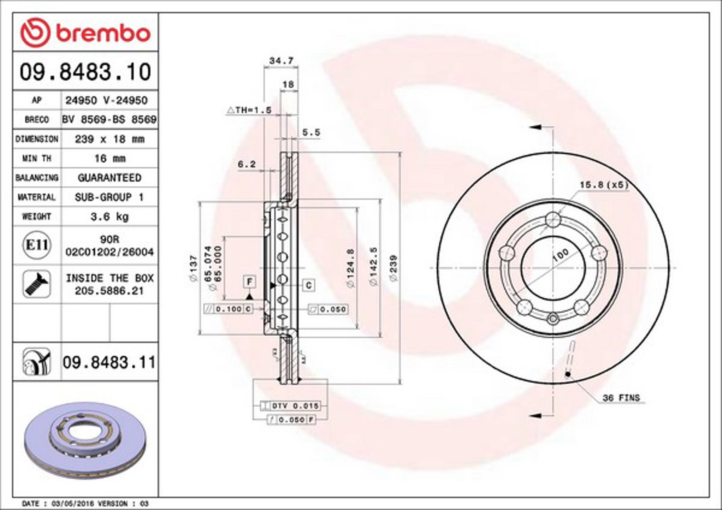 Диск тормозной передн skoda fabia 99- fabia combi 01- fabia praktik 03- fabia седан 01- vw fox 05- polo 01- BREMBO 09.8483.10