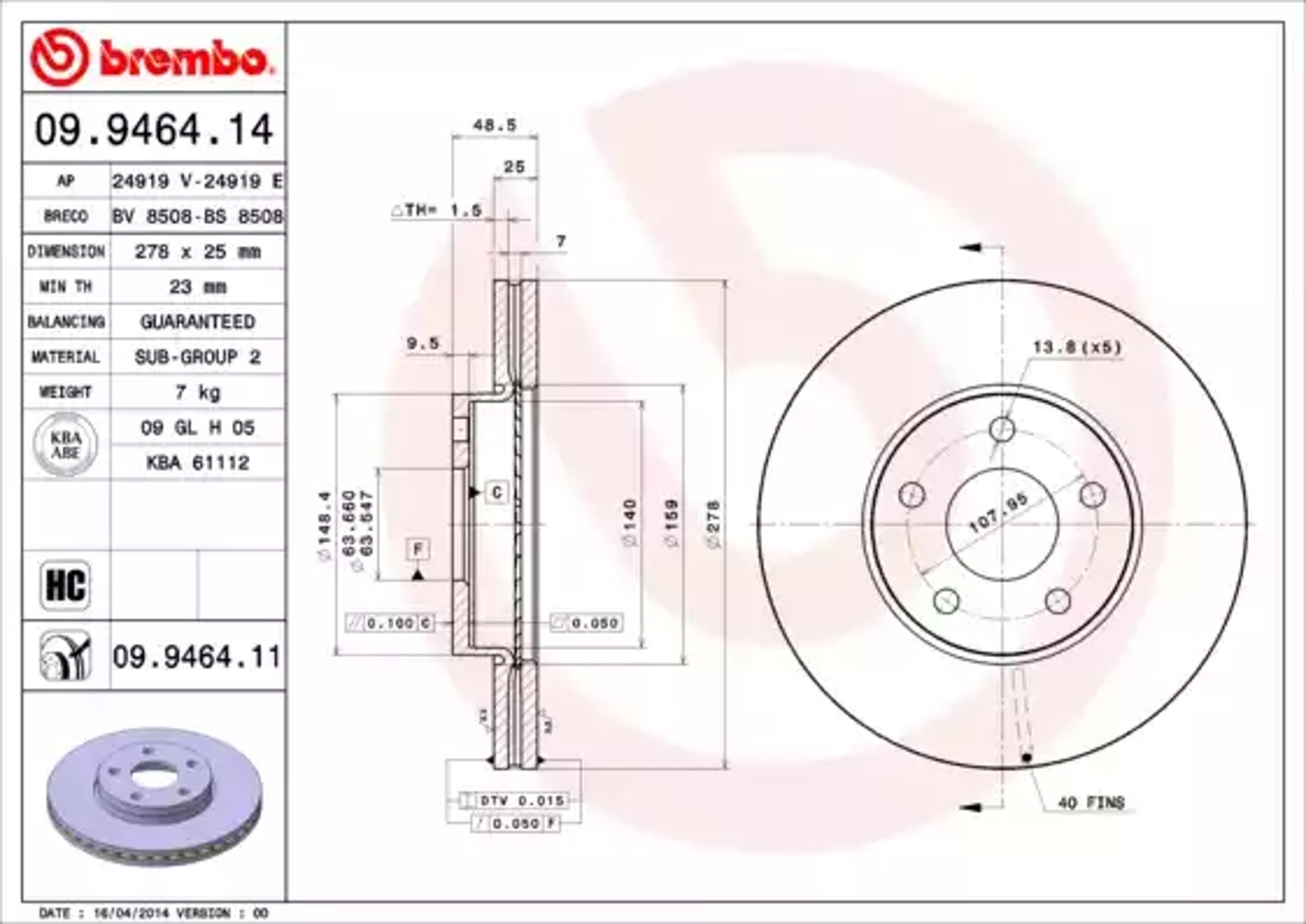 Диск тормозной BREMBO 09.9464.14