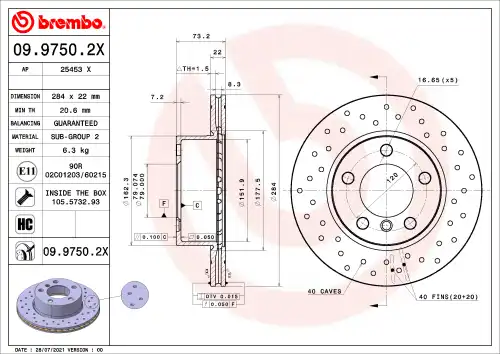 Диск тормозной bmw 1 (f20) 118 i 2015-2019 BREMBO 09.9750.2X