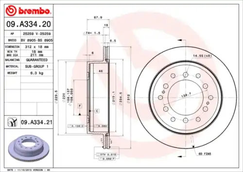 Диск тормозной задн lexus gx 09-/ toyota fj cruiser 06-/ toyota land cruiser 150 09- BREMBO 09.A334.20