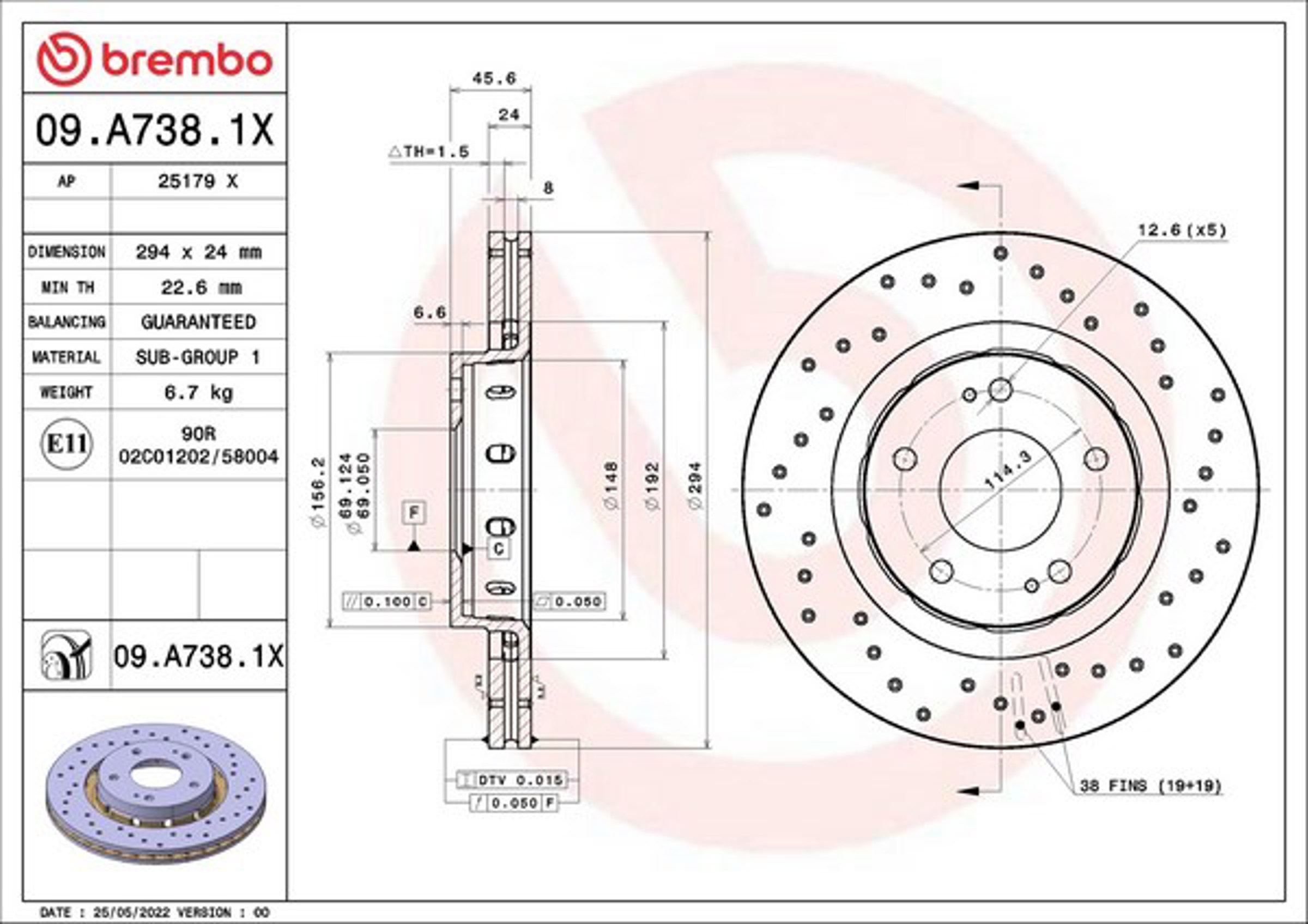 Диск тормозной с покрытием перфорированный xtra line - xtra 294x24 BREMBO 09.A738.1X