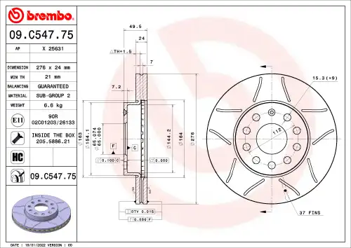Диск тормозной seat leon st (5f8) 1.6 tdi 4drive 2018-2020 BREMBO 09.C547.75