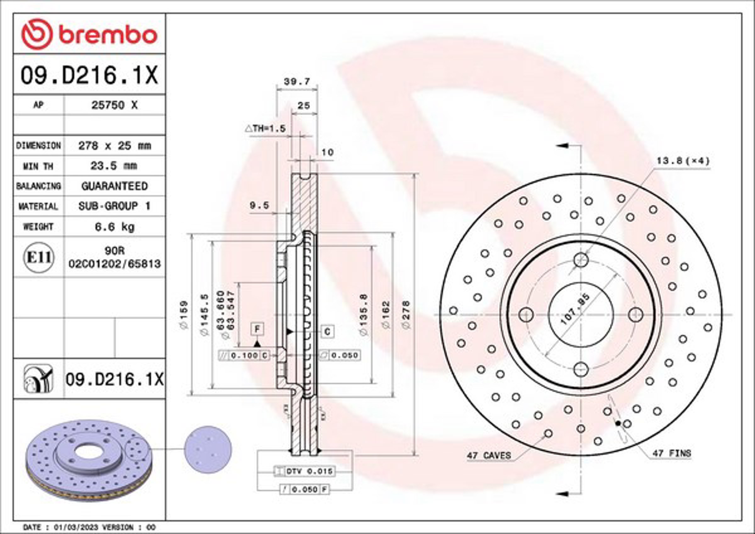 Диск тормозной с покрытием перфорированный xtra line - xtra 278x25 BREMBO 09.D216.1X