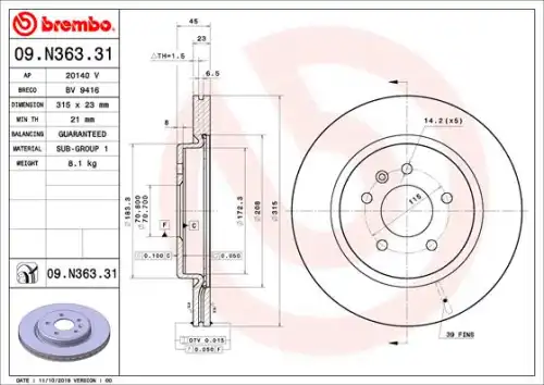 Диск тормозной BREMBO 09.N363.31