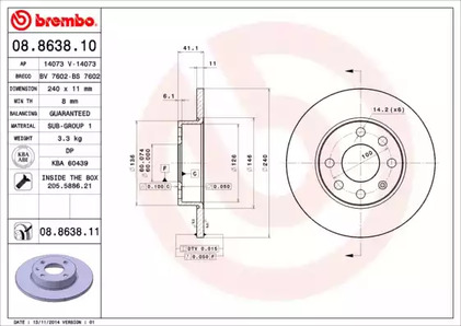 Диск тормозной BREMBO 08.8638.11