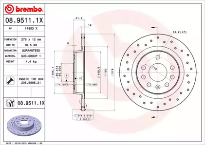 Тормозной диск BREMBO 08.9511.1X