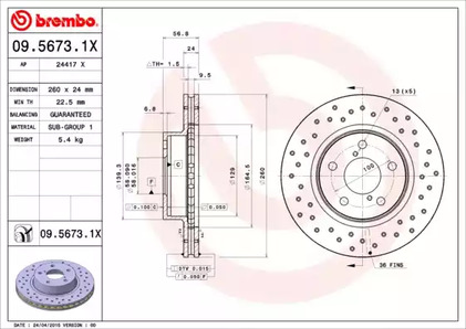 Диск тормозной BREMBO 09.5673.1X