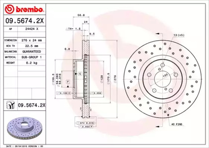 Диск тормозной BREMBO 09.5674.2X
