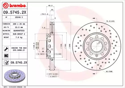Диск тормозной BREMBO 09.5745.2X