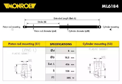 Газовая пружина крышки багажник MONROE ML6184