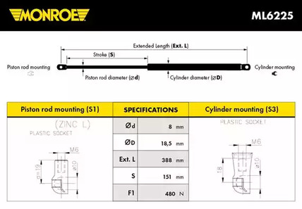 Газовая пружина крышки багажник MONROE ML6225