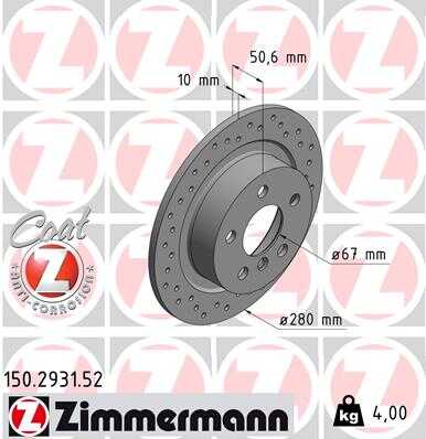 Диск торм bmw2 (f45/f46) bmw x1 (f48) i3 зад не вент 5 отв перфо 280x10 (цо 67) ZIMMERMANN 150.2931.52