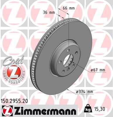 Диск торм bmw 5 (g30 g31 f90) 16- bmw6 gt (g32) 17- bmw7 (g11 g12) 15- пер вент прав 374x36 ZIMMERMANN 150.2955.20