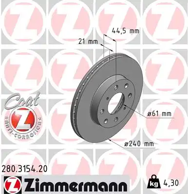 280.3154.20 диск тормозной перед. 240x21/44-4x100 ZIMMERMANN 280.3154.20